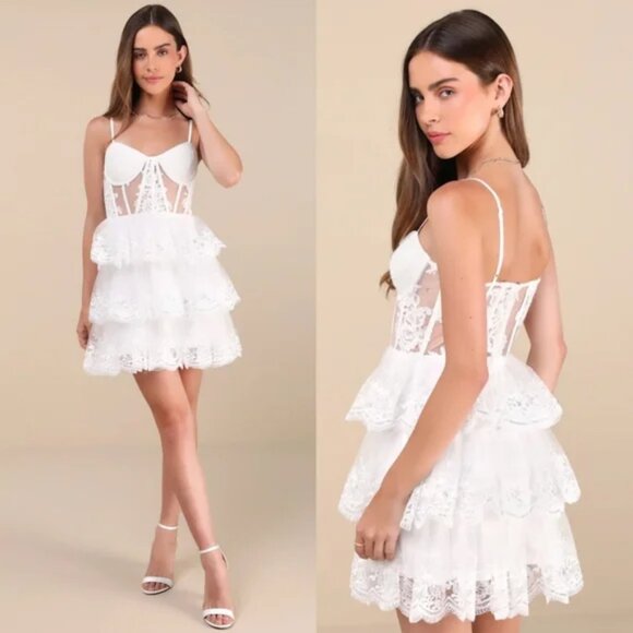 NWT Lulus Exquisite Drama White Embroidered Sequin Tiered Mini Dress - Picture 1 of 5